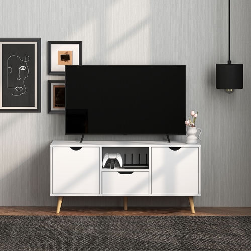 HOMCOM TV Stand with Storage, Modern TV Table with Open Shelf, Drawer and 2 Cabinets, Entertainment Unit for Living Room, Holds Television up to 50