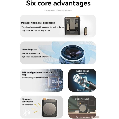 Micro-cravate sans fil, amplificateur vocal portatif avec 2 microphones et haut-parleur rechargeable pour les classes, les réunions et les conférences