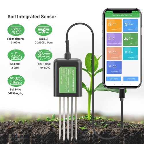 Smart Soil Sensor 5-in-1 NPK EC Moisture Temp pH Meter with APP Data Logger USB Rechargeable Soil Tester for Garden Farm