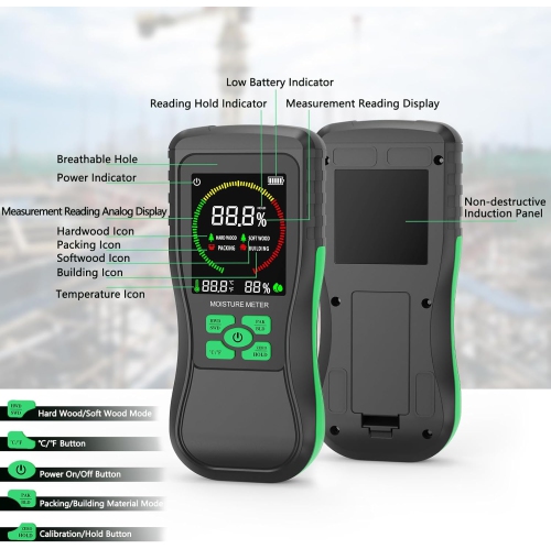 Pinless Moisture Meter for Non-Destructive Induction Moisture Detection in Drywall, Wood, and Masonry with Large LCD Display, 4 Modes for
