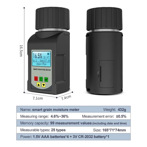 Portable Mini Cup Grain Moisture Meter for Coffee, Cocoa, Rice, Wheat 25 Kinds Grains Moisture Tester with 250 Data Storage, Digital Meter Readout