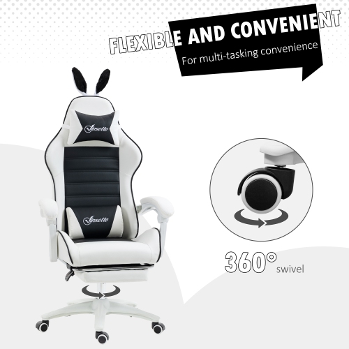 Fauteuil de jeu de course de HOMCOM avec oreilles de lapin, fauteuil d'ordinateur inclinable en cuir PU avec repose-pieds, support lombaire et