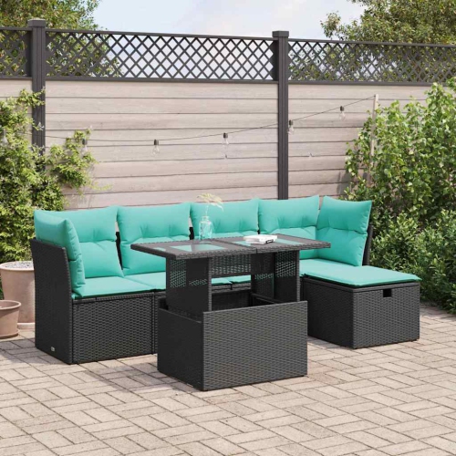Ensemble de 6 pièces avec divan de jardin et coussins en poly/rotin/acacia noir VidaXL
