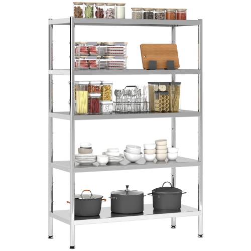 HOMCOM 5-Tier Kitchen Storage Shelf, Stainless Steel Shelving Storage Unit with Adjustable Shelves for Kitchen Garage Warehouse, 35.8" W x 15.7" D x