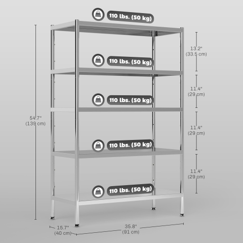 HOMCOM 5-Tier Kitchen Storage Shelf, Stainless Steel Shelving Storage Unit with Adjustable Shelves for Kitchen Garage Warehouse, 35.8" W x 15.7" D x