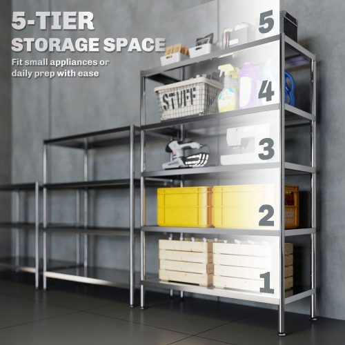 HOMCOM 5-Tier Kitchen Storage Shelf, Stainless Steel Shelving Storage Unit with Adjustable Shelves for Kitchen Garage Warehouse, 35.8" W x 15.7" D x