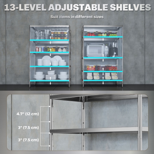HOMCOM 5-Tier Kitchen Storage Shelf, Stainless Steel Shelving Storage Unit with Adjustable Shelves for Kitchen Garage Warehouse, 35.8" W x 15.7" D x