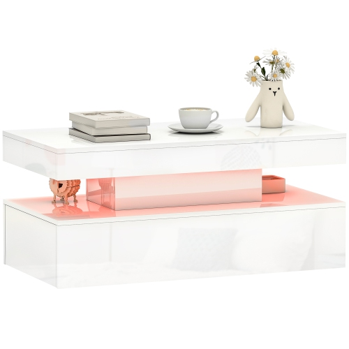 Table basse de HOMCOM avec lumières RVB LED et télécommande, table centrale moderne à 2 tiroirs et tablette ouverte pour salon, blanc lustré