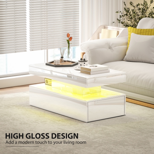 Table basse de HOMCOM avec lumières RVB LED et télécommande, table centrale moderne à 2 tiroirs et tablette ouverte pour salon, blanc lustré