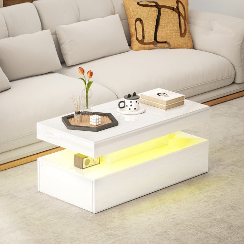 Table basse de HOMCOM avec lumières RVB LED et télécommande, table centrale moderne à 2 tiroirs et tablette ouverte pour salon, blanc lustré