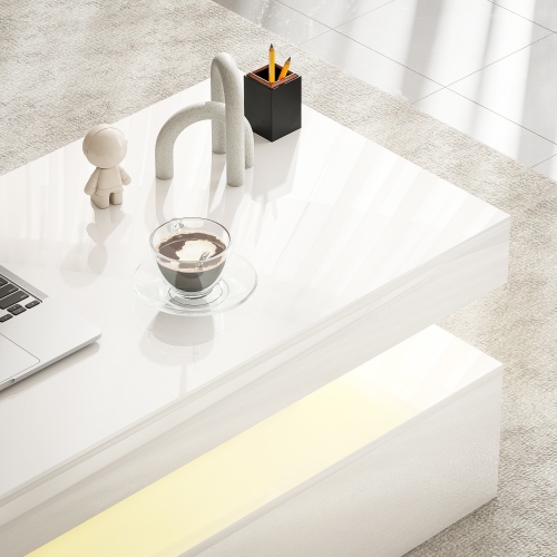 Table basse de HOMCOM avec lumières RVB LED et télécommande, table centrale moderne à 2 tiroirs et tablette ouverte pour salon, blanc lustré