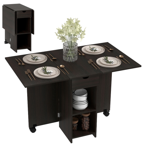 HOMCOM – Table de salle à manger pliante avec tiroir et tablettes de rangement, table à abattant peu encombrante pour la cuisine, salle à manger,