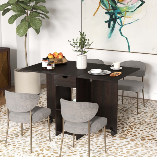HOMCOM – Table de salle à manger pliante avec tiroir et tablettes de rangement, table à abattant peu encombrante pour la cuisine, salle à manger,