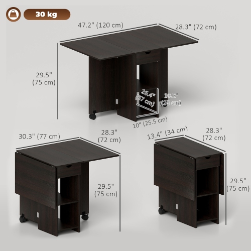 HOMCOM – Table de salle à manger pliante avec tiroir et tablettes de rangement, table à abattant peu encombrante pour la cuisine, salle à manger,