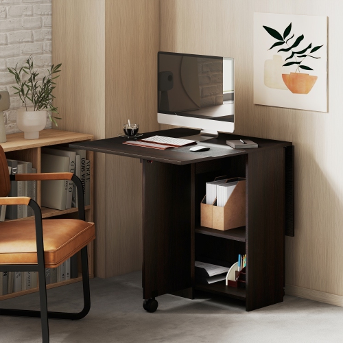 HOMCOM – Table de salle à manger pliante avec tiroir et tablettes de rangement, table à abattant peu encombrante pour la cuisine, salle à manger,