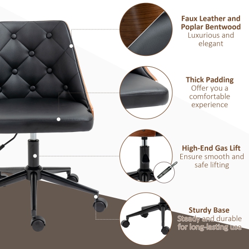 HOMCOM Office Chair, PU Leather Desk Chair with 360 Degree Swivel Wheels, Adjustable Height, Tilt Function, Button Tufted Back, Black