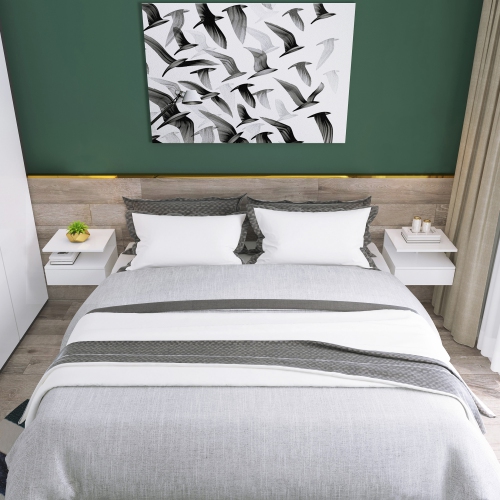 HOMCOM Floating Nightstand Set of 2, Wall Mounted Bedside Table with Drawer and Open Shelf, Small Night Stand for Bedroom, White