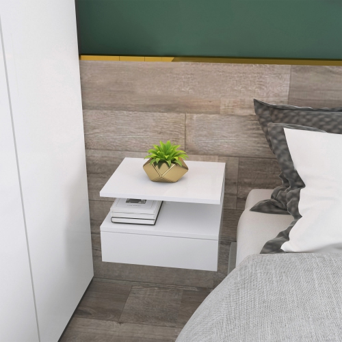 HOMCOM Floating Nightstand Set of 2, Wall Mounted Bedside Table with Drawer and Open Shelf, Small Night Stand for Bedroom, White