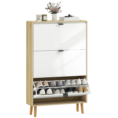 HOMCOM Narrow Shoe Cabinet, Modern High Gloss Shoe Storage Cabinet with 3 Flip Drawers, Adjustable Shelves and Wood Legs for Entryway, Hallway, Holds