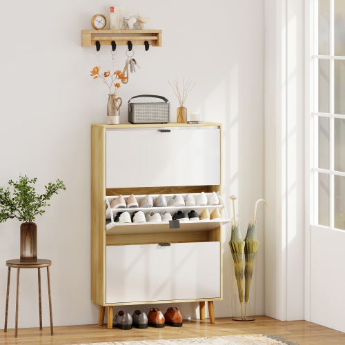 HOMCOM Narrow Shoe Cabinet, Modern High Gloss Shoe Storage Cabinet with 3 Flip Drawers, Adjustable Shelves and Wood Legs for Entryway, Hallway, Holds