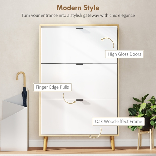 HOMCOM Narrow Shoe Cabinet, Modern High Gloss Shoe Storage Cabinet with 3 Flip Drawers, Adjustable Shelves and Wood Legs for Entryway, Hallway, Holds