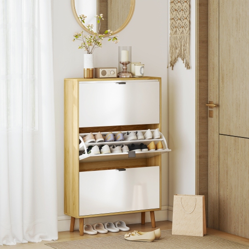 HOMCOM Narrow Shoe Cabinet, Modern High Gloss Shoe Storage Cabinet with 3 Flip Drawers, Adjustable Shelves and Wood Legs for Entryway, Hallway, Holds