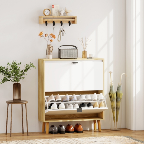 HOMCOM Narrow Shoe Cabinet, Modern High Gloss Shoe Storage Cabinet with 2 Flip Drawers, Adjustable Shelves and Wood Legs for Entryway, Hallway, Holds