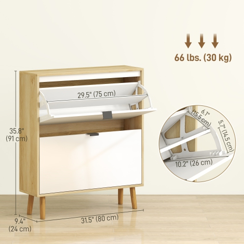 HOMCOM Narrow Shoe Cabinet, Modern High Gloss Shoe Storage Cabinet with 2 Flip Drawers, Adjustable Shelves and Wood Legs for Entryway, Hallway, Holds