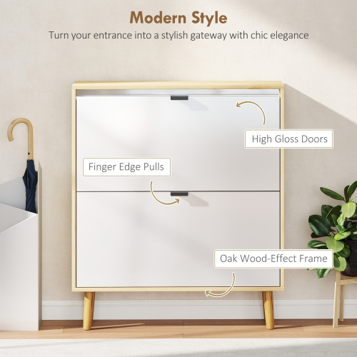 HOMCOM Narrow Shoe Cabinet, Modern High Gloss Shoe Storage Cabinet with 2 Flip Drawers, Adjustable Shelves and Wood Legs for Entryway, Hallway, Holds