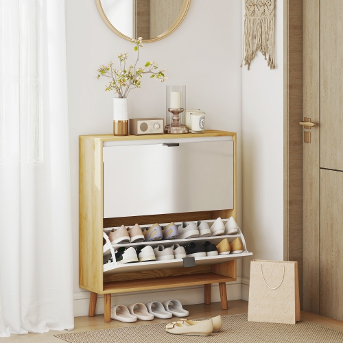 HOMCOM Narrow Shoe Cabinet, Modern High Gloss Shoe Storage Cabinet with 2 Flip Drawers, Adjustable Shelves and Wood Legs for Entryway, Hallway, Holds