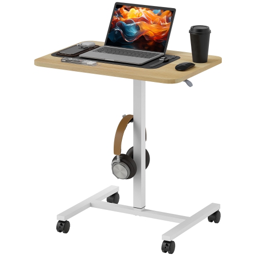 HOMCOM Height Adjustable Standing Desk, Pneumatic Sit Stand Desk for Laptop, Mobile Overbed Table with Wheels and Headphone Hook for Home Office,