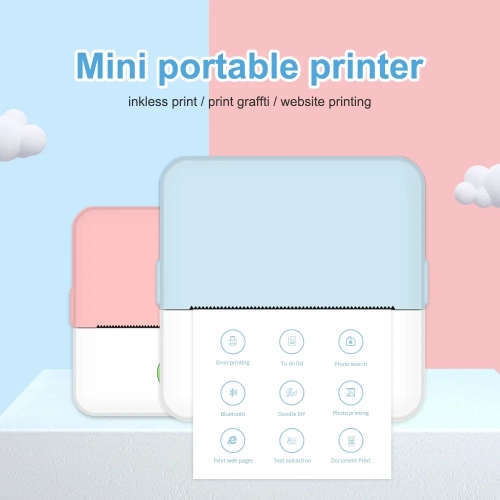 Portable mini pocket printer, inkless pocket printer, compatible with iOS + Android, Bluetooth thermal small printer - blue and white