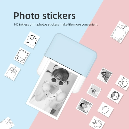 Portable mini pocket printer, inkless pocket printer, compatible with iOS + Android, Bluetooth thermal small printer - blue and white