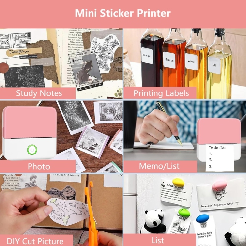 Portable mini pocket printer, inkless pocket printer, compatible with iOS + Android, Bluetooth thermal small printer - pink and white