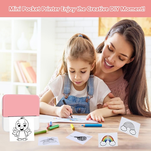 Portable mini pocket printer, inkless pocket printer, compatible with iOS + Android, Bluetooth thermal small printer - pink and white