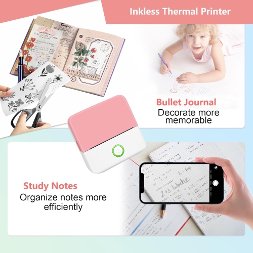 Portable mini pocket printer, inkless pocket printer, compatible with iOS + Android, Bluetooth thermal small printer - pink and white