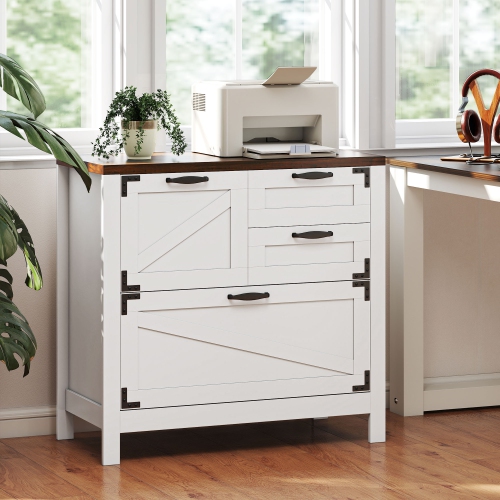 HOMCOM 4 Drawer File Cabinet with Quiet Slides, Farmhouse Lateral Filing Cabinet for Letter/A4/Legal Size Files, Printer Stand for Home Office, White