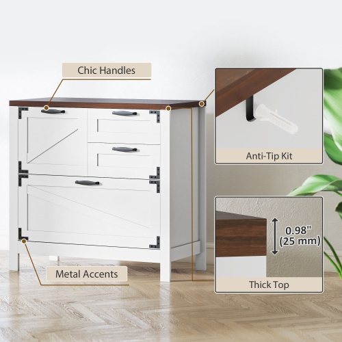 HOMCOM 4 Drawer File Cabinet with Quiet Slides, Farmhouse Lateral Filing Cabinet for Letter/A4/Legal Size Files, Printer Stand for Home Office, White
