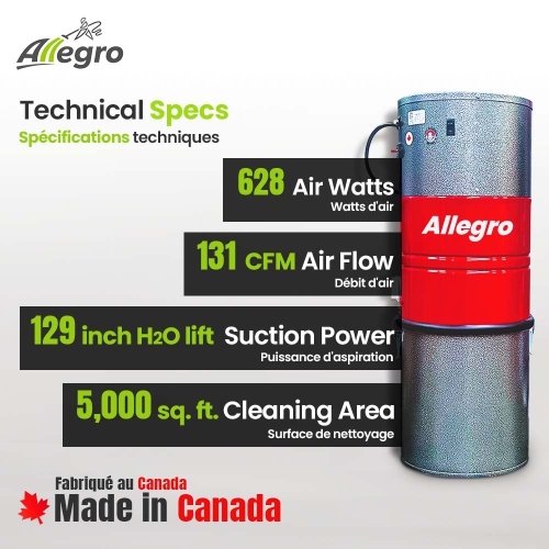 Le puissant système d'aspirateur central ALLEGRO 628 AW - Ensemble d'accessoires de plancher nus de luxe 35&nbsp;pi, fabriqué au Canada