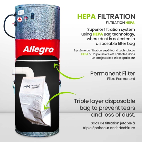 Le puissant système d'aspirateur central ALLEGRO 628 AW - Ensemble d'accessoires de plancher nus de luxe 35&nbsp;pi, fabriqué au Canada