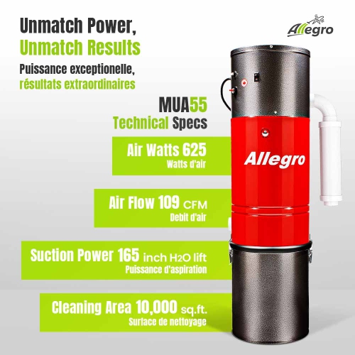 ALLEGRO POWERHOUSE PRO Central Vacuum-625 AW-165" Waterlift-30ft Deluxe Turbo Accessory Kit-Made in Canada