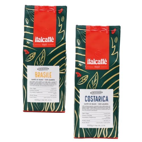 Italcaffe Monorigine Brasile & Costarica – 2 x 1000&nbsp;g – Haricots à café 100 % arabica – Café à torréfaction moyenne à l'origine unique –