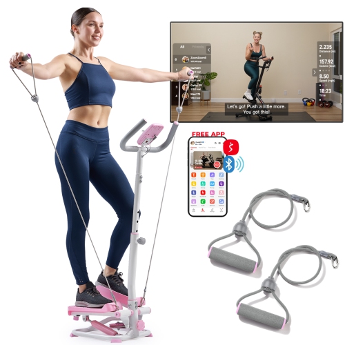 Sunny Health & Fitness Pink Smart Exercise Stepper With Handlebars and Resistance Bands - P2410