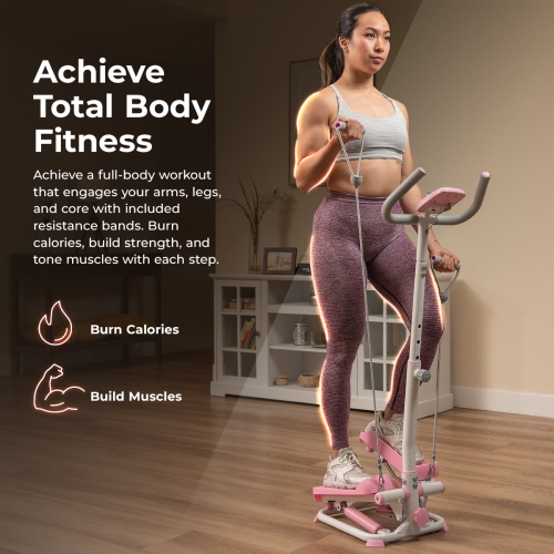 Sunny Health & Fitness Pink Smart Exercise Stepper With Handlebars and Resistance Bands - P2410