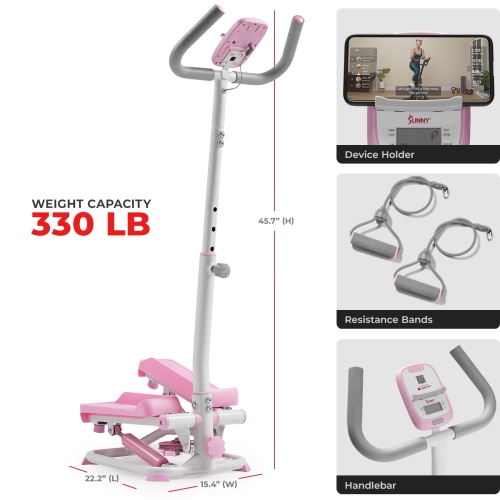 Sunny Health & Fitness Pink Smart Exercise Stepper With Handlebars and Resistance Bands - P2410