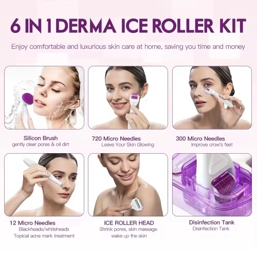 Derma Roller, Micro Needing System for Women and Men, 6 in 1 Microneedles with 5 Replaceable Heads for Beard and Hair Growth, Face, Skin Care