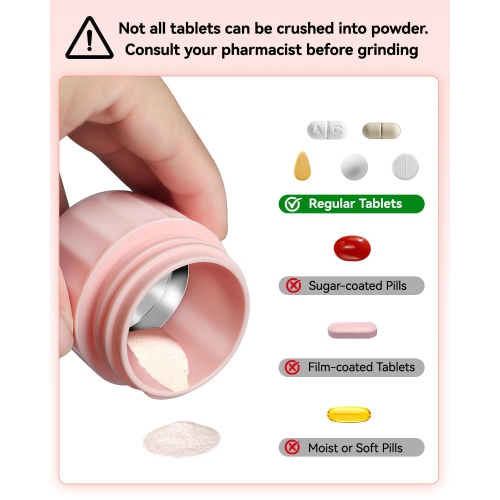 Pill Crusher Fine Powder - Portable Pill Cutter and Crusher with Stainless Steel Grinding Pestle, for Elderly and Pets