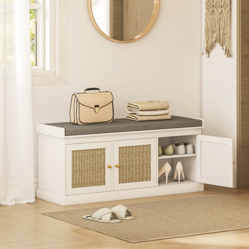 HOMCOM Shoe Bench, Boho 2-Tier Entryway Bench with Woven Rattan Doors, 6 Compartments Adjustable Shelves and Padded Cushion for Living Room, Hallway,