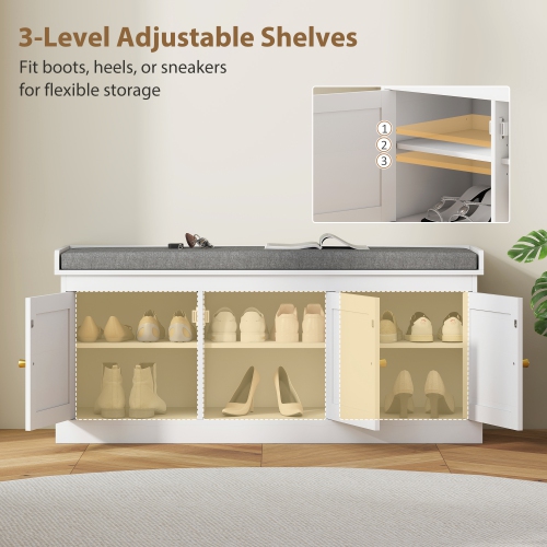 HOMCOM Shoe Bench, Boho 2-Tier Entryway Bench with Woven Rattan Doors, 6 Compartments Adjustable Shelves and Padded Cushion for Living Room, Hallway,