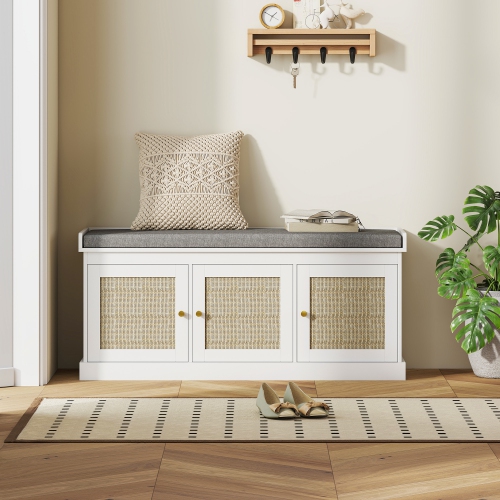 HOMCOM Shoe Bench, Boho 2-Tier Entryway Bench with Woven Rattan Doors, 6 Compartments Adjustable Shelves and Padded Cushion for Living Room, Hallway,